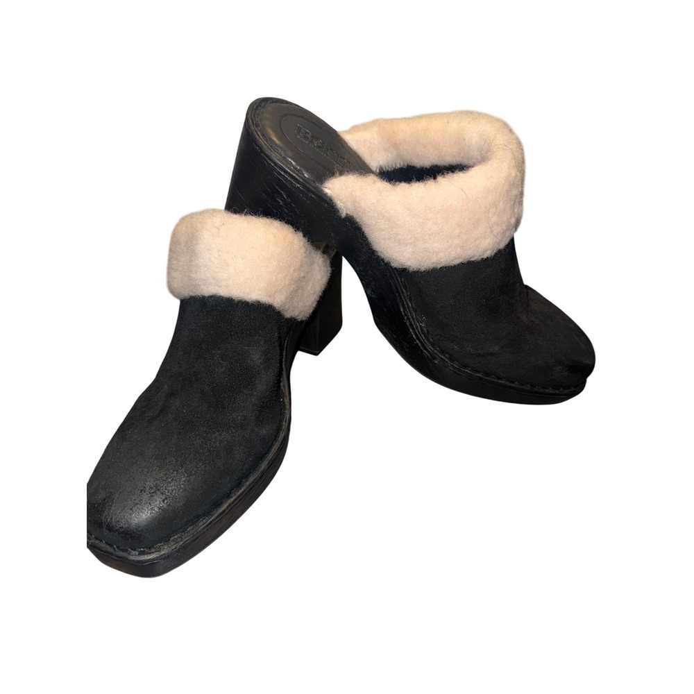 Born Shearling‎ Lined Black Suede Platform Heel Mules Women's Size 11